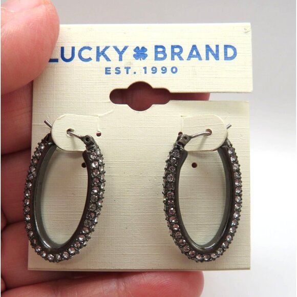 Lucky Brand Earrings Oval Crystal Encrusted Hoop Pierced Gunmetal Gray New - Picture 1 of 9